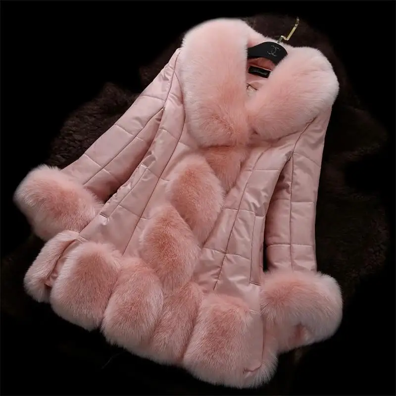 Новая зимняя Женская куртка из искусственного меха норки, зимнее пальто для женщин, женская парка из искусственного меха лисы с капюшоном, облегающие Женские куртки размера плюс 4XL - Цвет: Розовый