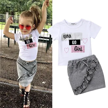 

Newborn Kids Baby Girls Clothes short sleeve round neck pullover letter print Tops Denim solid Ruffle Skirts 2pc cotton Outfits