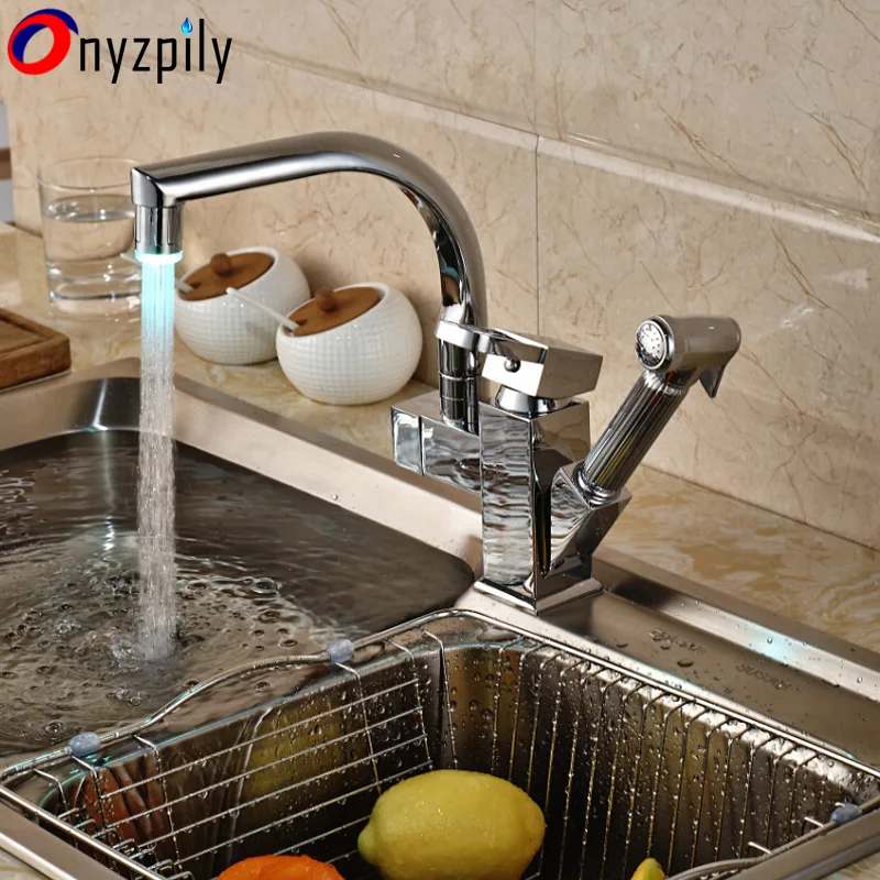 

LED Chrome Finished Color Changing Pull Out Kitchen Faucet Single Handle Single
