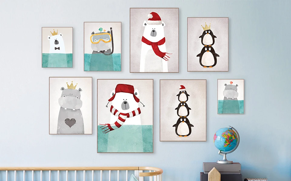 Modern Nordic Kawaii Bear Hippo Bird Animal Art Prints Poster Cartoon Wall Pictures Canvas Painting No Framed Kids Room Decor | Дом и сад