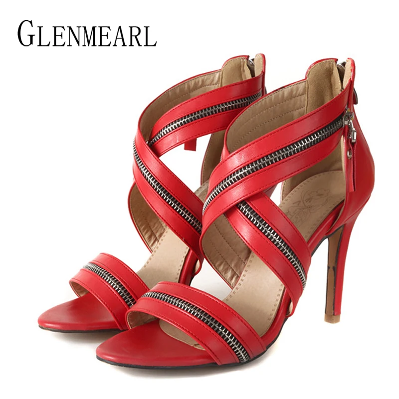 pink Shoes red Femenina Mujeres Cremallera Marca Moda Plus Sandalias Toe Mujer Zapatos Cruz Fiesta Shoes Tamaño Correa Shoes De Peep Las Verano Black qx1wFH1gB