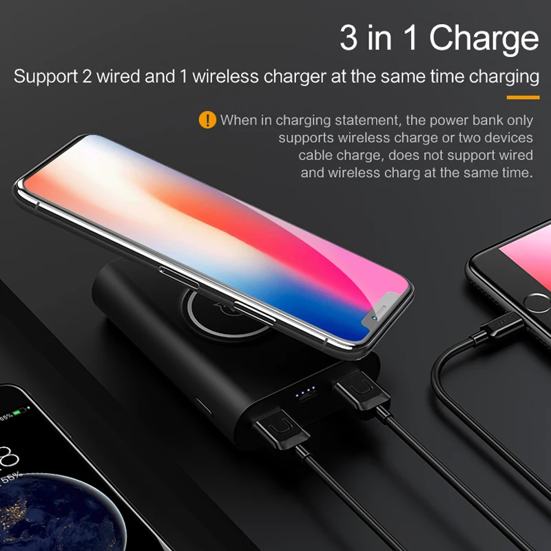 

New Arrival 2 USB Ports 8000mah QI Wireless Charger 5W Pad Power Bank Built-in Universal Power Bank Battery Charger Cases