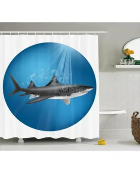 

Blue Shower Curtain Shark Underwater Hunter Print For BathroomFabric Washable Waterproof With Rings