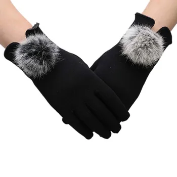 

Touch Screen Gloves Thermal Warm Cotton Plush Lace Women Vintage velvet ball rabbit fur Mittens