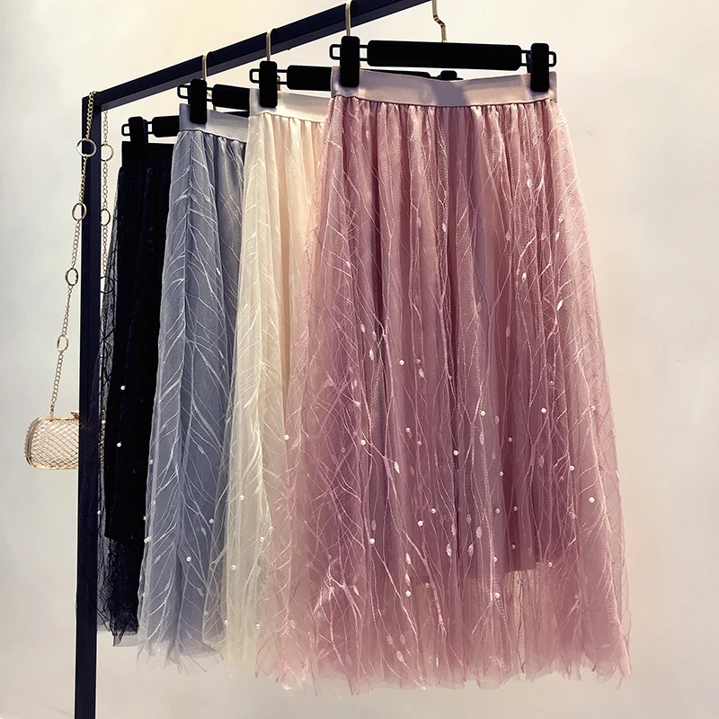 Летняя новая женская кружевная юбка из сетчатой ткани с отделкой бисером Женская длинная Плиссированная юбка с эластичной резинкой на талии