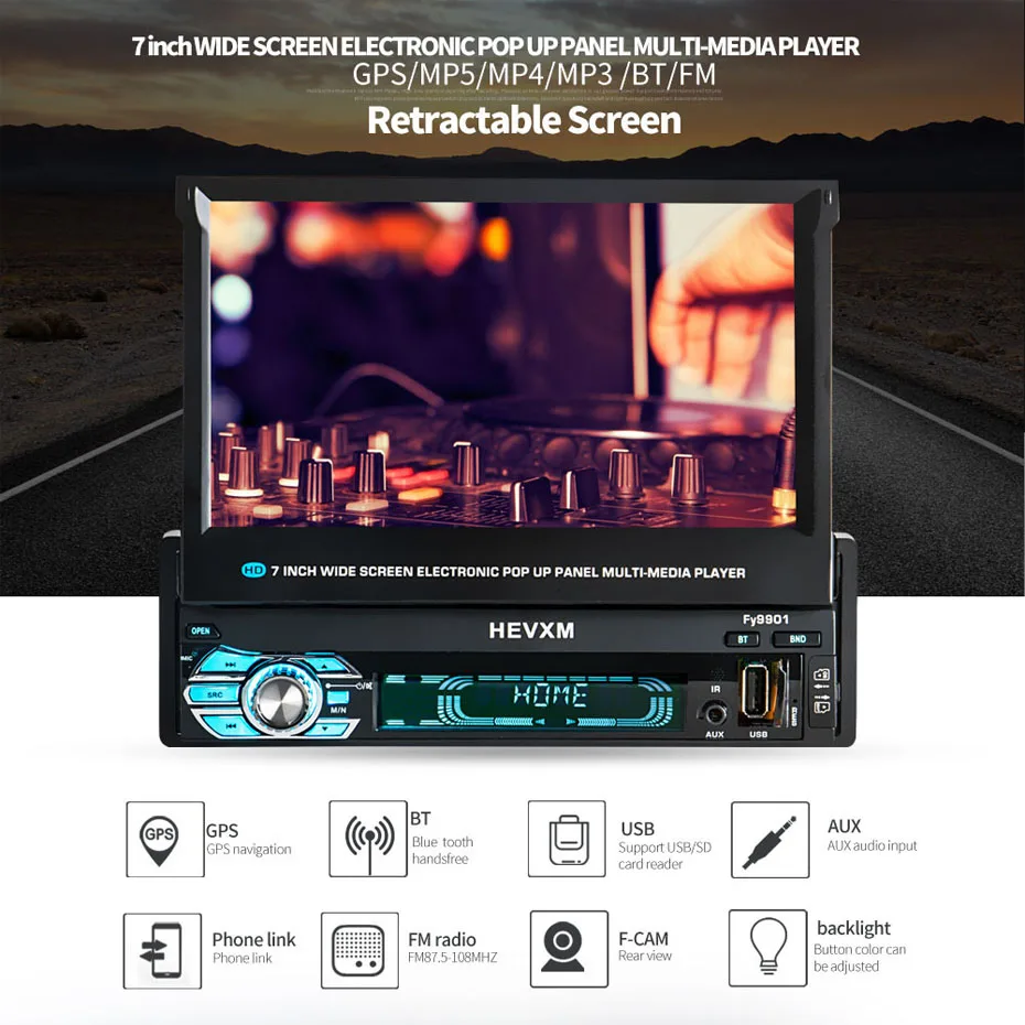 Sale KANOR 1 din car dvd player gps navigation cd mp3 mp5 usb sd Bluetooth 1DIN Telescopic structure screen Car Multimedia Player 0