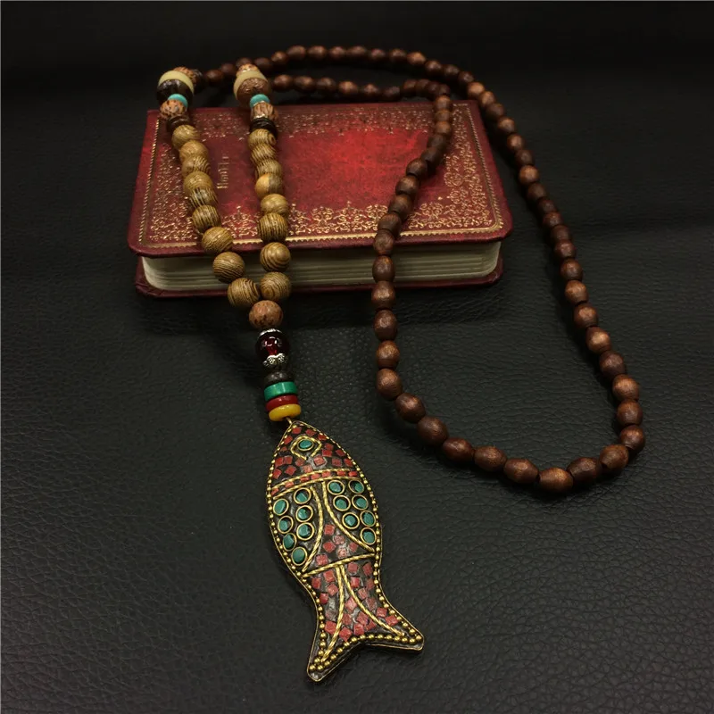 Модное Длинное этническое ожерелье с рыбками, ювелирные изделия в непальском стиле, винтажное ожерелье с подвеской санвудс ручной работы