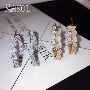 

RAKOL Baguette Trendy Fashion AAA Cubic Zirconia T Stone Hoop Earrings For Women Accessories RE22548