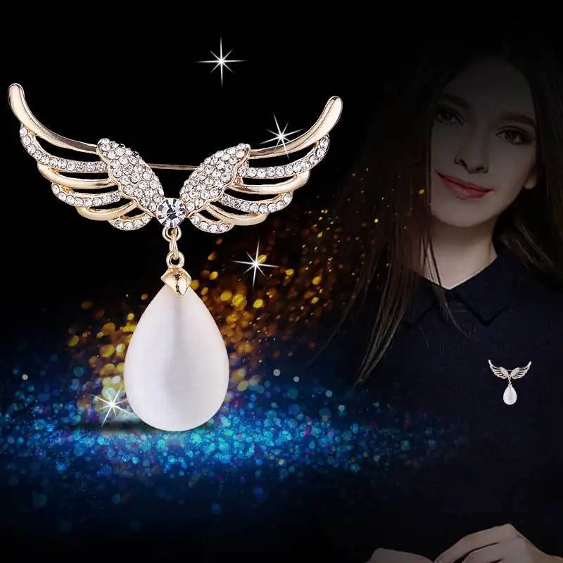 

Opal Stone Angel Wing Brooches Rhinestone Tear Water Drop Brooch Pin Garment Accessories