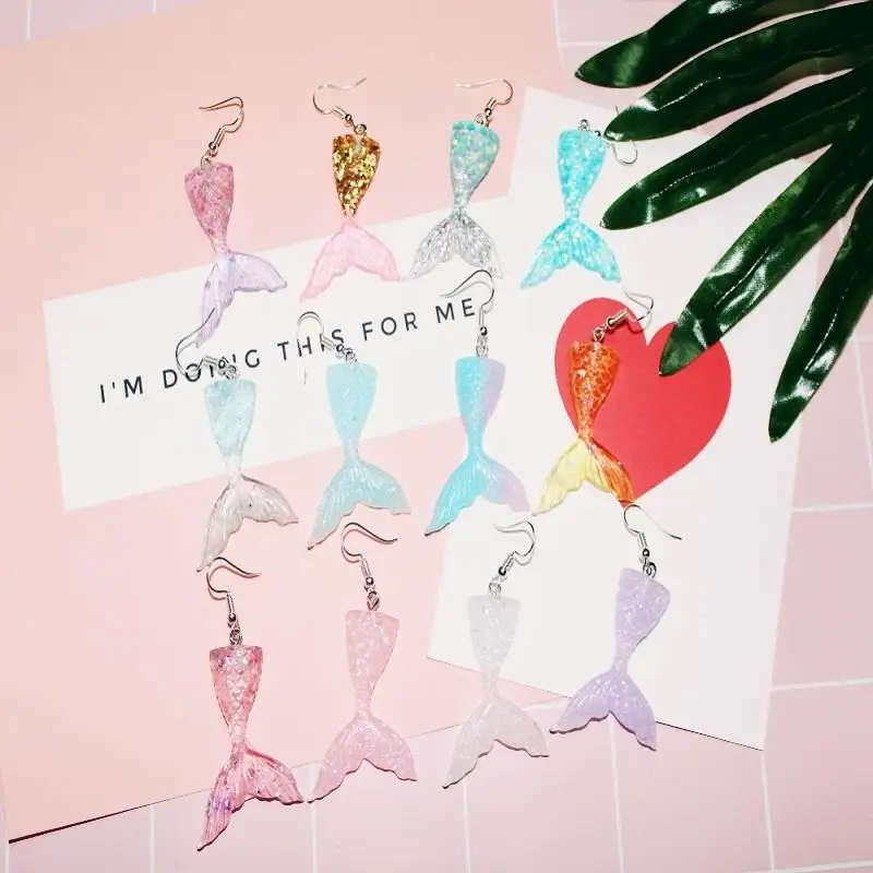 

Kawaii The Little Mermaid Glitter Tail Dangle Earrings, Cute Handmade Fairy Tale Series Earrings DIY