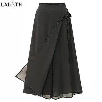 

LXMSTH Summer Capri pants Women 2019 Cropped Trousers Woman High Waist Thin Loose Wide leg Chiffon Pants Plus Size Culottes 4XL
