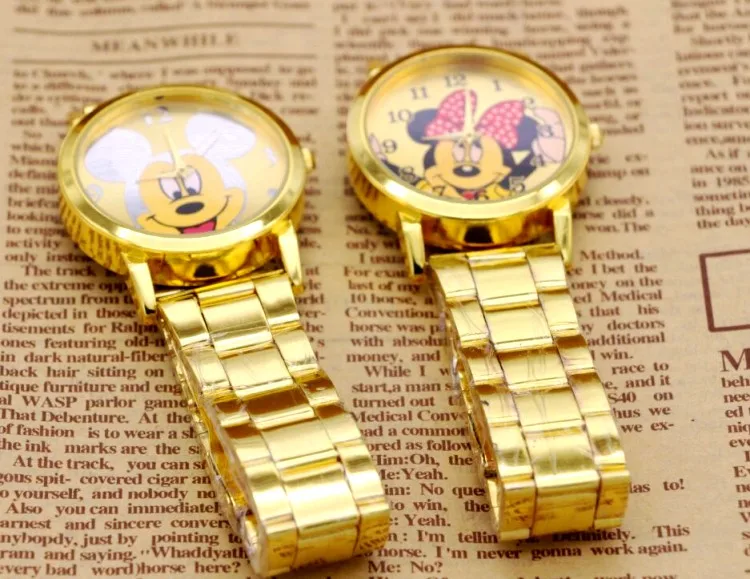 Модные Мышь нежный полые циферблат ремешок наручные часы золотые кварцевые часы Женское платье со стразами часы Микки часы дети