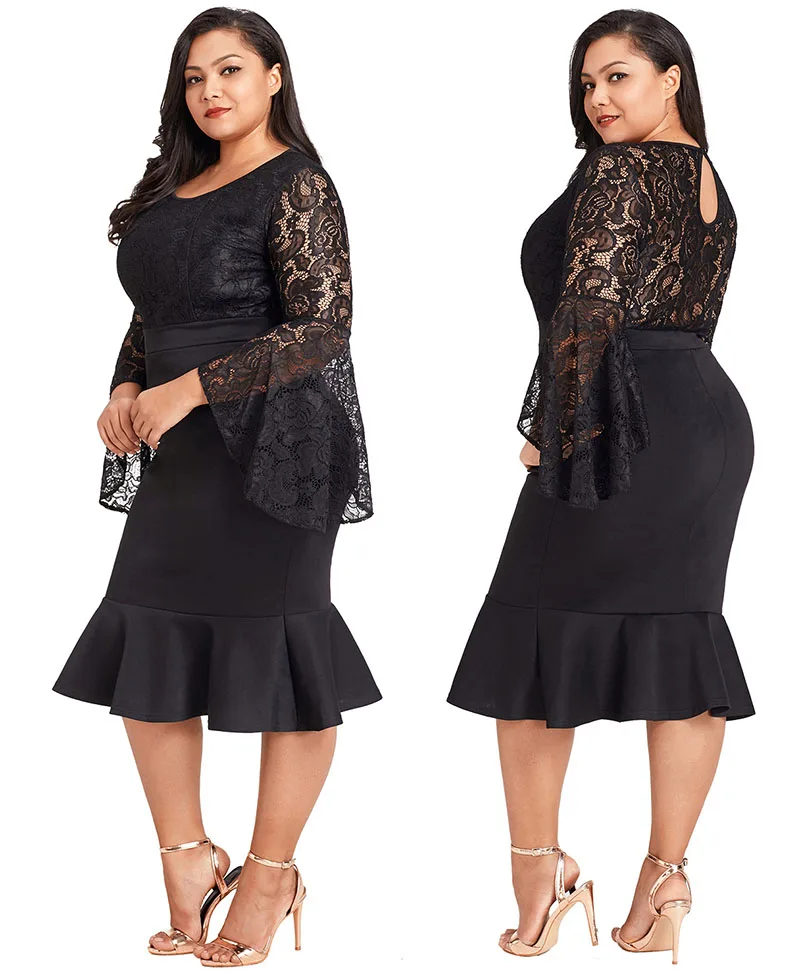 Black-Plus-Size-Lace-Bell-Sleeve-Mermaid-Bodycon-Dress-LC61875-2-7