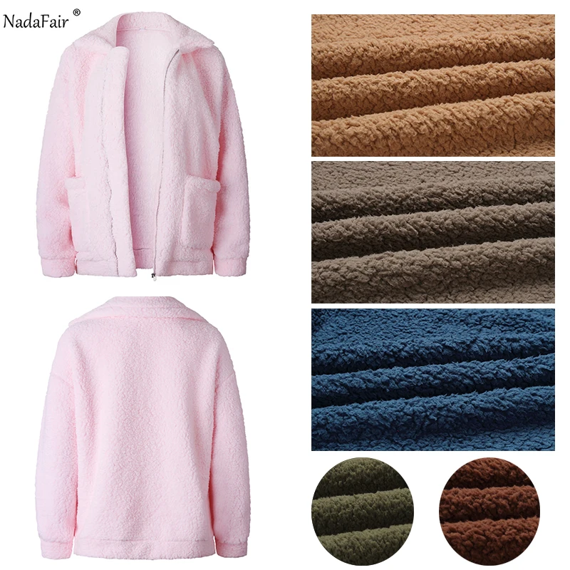 Nadafair plus size fleece faux shearling fur jacket coat women autumn winter plush warm thick teddy coat female casual overcoat