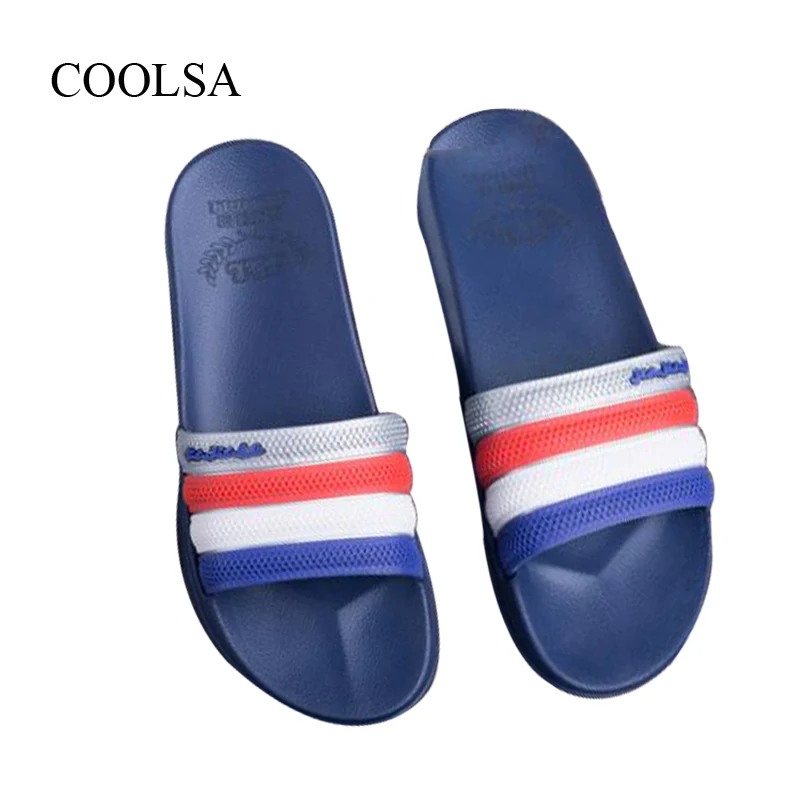 

COOLSA Men's Summer Flat Beach Flip Flops Indoor Non-slip Bathroom Slippers Fashion Striped Sandals Men Slides Couple Slippers