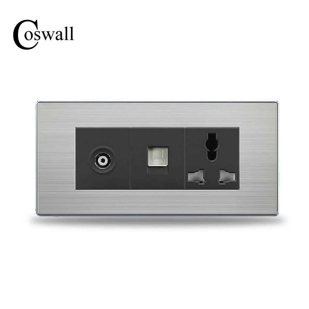 

COSWALL 3 Hole Universal Wall Power Socket With RJ45 Internet Outlet and TV Jack Stainless Steel Brushed Silver Panel 154mm*72mm