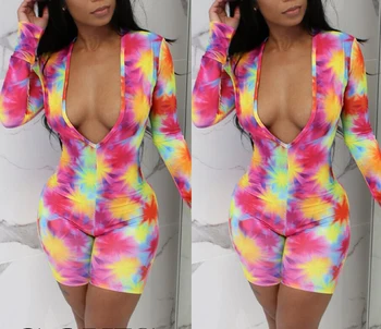 

2019 New Women Fashion V Neck Long Sleeve Bodycon Party Casual Printed Jumpsuit Romper Short Pants