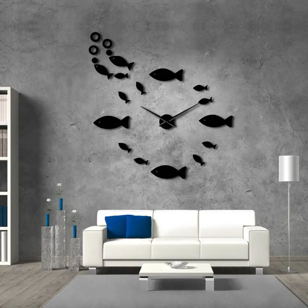 Fish With Bubble DIY Giant Wall Clock Mirror Effect Wall Art Home Decor Aquarium Decoration Frameless Big Needle Clock Watch 2