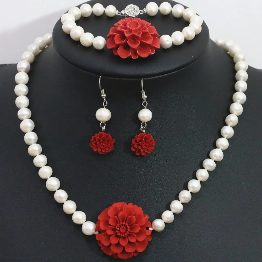 

Natural freshwater white pearl beads 8-9mm necklace bracelet earrings set cinnabar flower pendant jewelry 18inch/7.5inch B1421