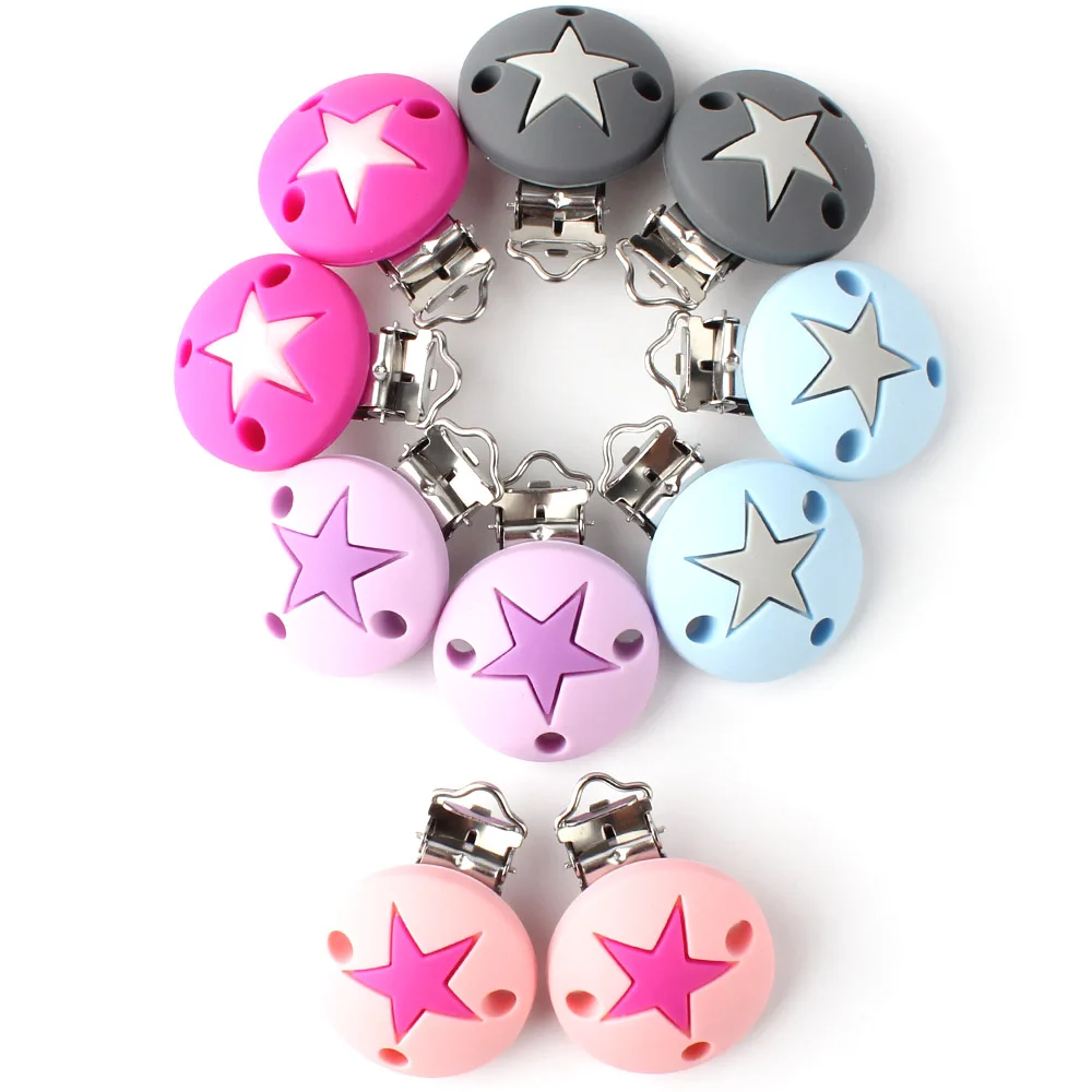 

50pcs 45mm colourful star Silicone Teether metal clip Pacifier silicone rodent DIY Baby Teether Necklace Pendant Clamp