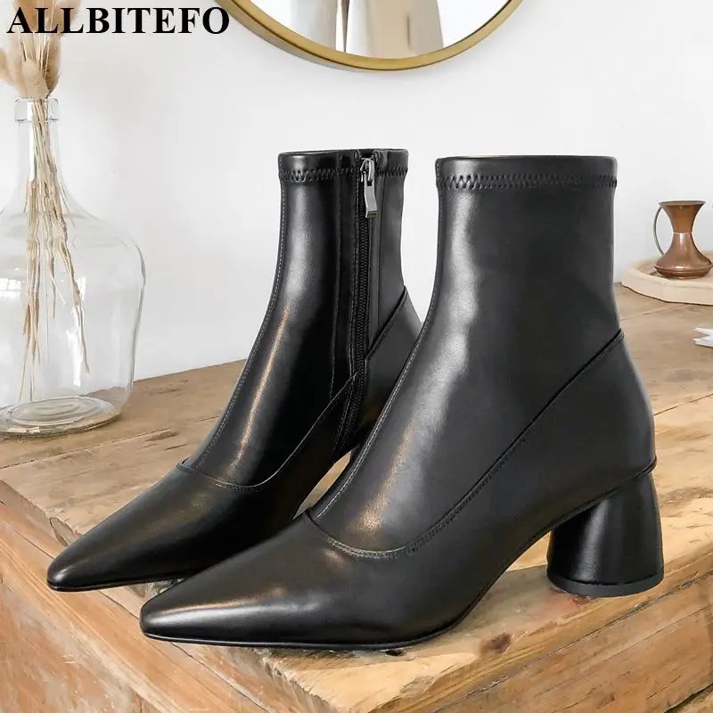 

ALLBITEFO hot sale genuine leather thick heel party women boots high quality ankle boots for women autumn women martin boots