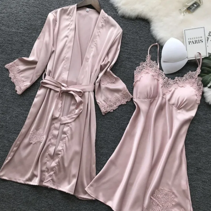 Sexy Lace Female Robe Set 2 Piece Satin Bathrobe Women Kimono Bath Gown ...