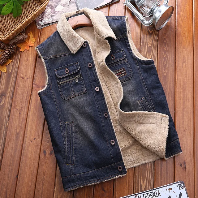 Autumn Winter Fleece Vest Sleeveless Jeans Jacket Men Denim Vest with Many Pocket Casual Warm