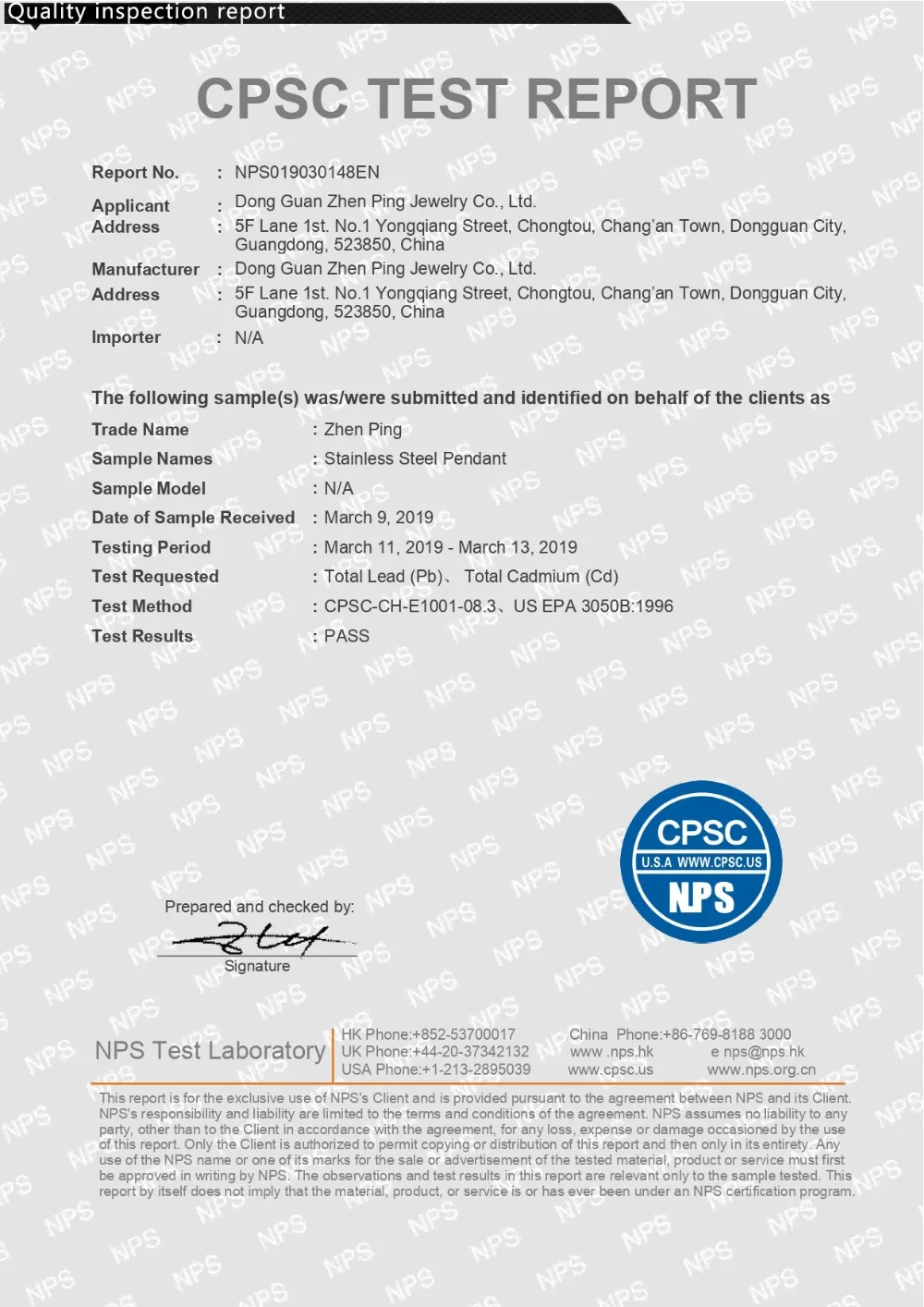AS Stainless Steel Pendant CPSC 