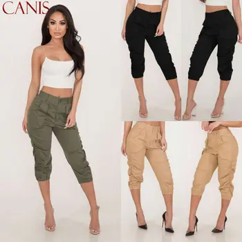 

Women's Casual Pencil Pants High Waist Pockets 3/4 Cargo Jogger Slim Trousers