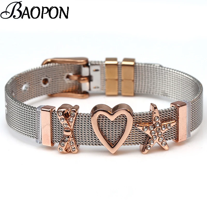 

BAOPON Two-tone Stainless Steel Mesh Bracelet Set Love Heart Crystal Charm Fine Bracelet Bangle Woman Lovers Girlfriend Gift
