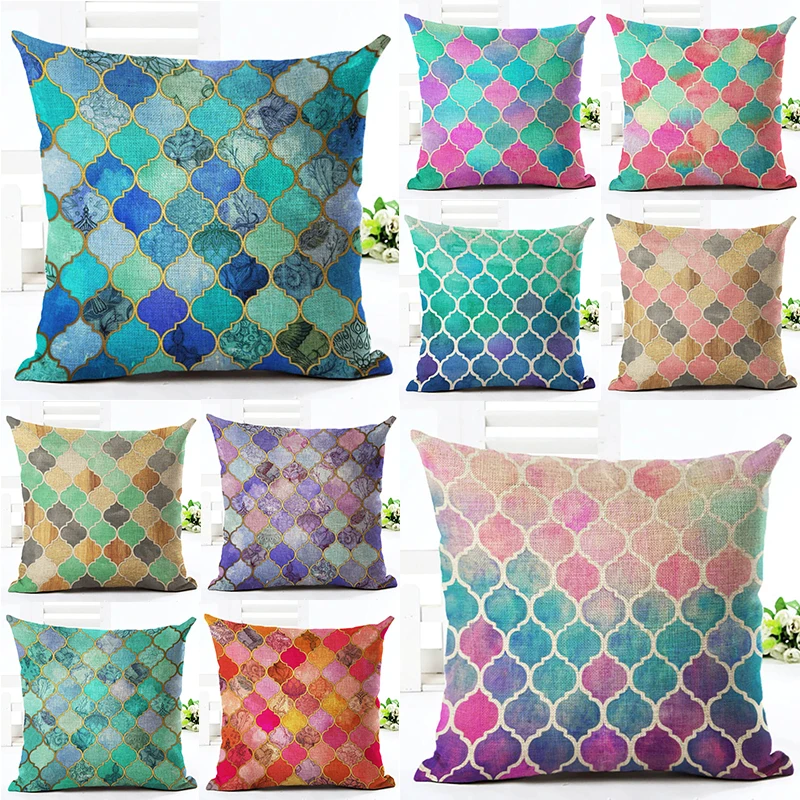 

Square Printed Diamond Cushion Cover 45x45cm Linen Colorful Splicing Geometric Throw Pillow Covers Home Decorative Pillowcases