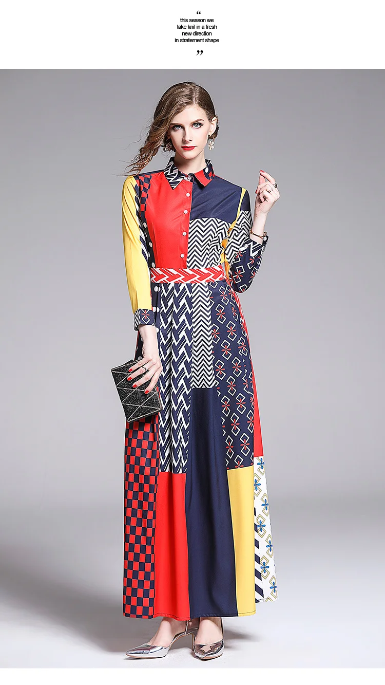 Autumn Winter Elegant Maxi Dress Women Vintage Contrast Color Geometry Pattern Printed Casual Turn-Down Collar Long Dress