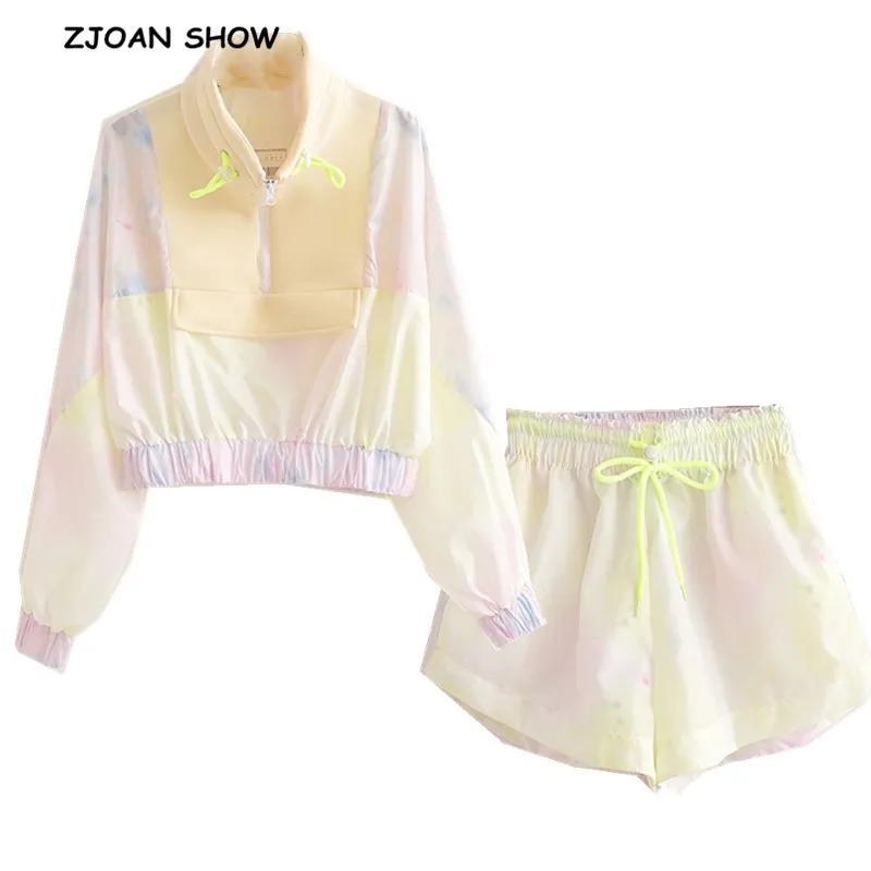 

2019 New Tie dyeing Print Short Pullover Jacket Casual Women Elastic Waist Mini Short Shorts Long Sleeve Tops 2 Pieces Set