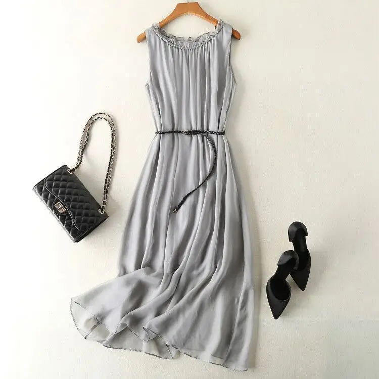 Tcyeek летнее платье женское шелковое длинное платье без рукавов белое пляжное платье макси платье для вечеринки vestidos Verano одежда LWL1526 - Цвет: gray