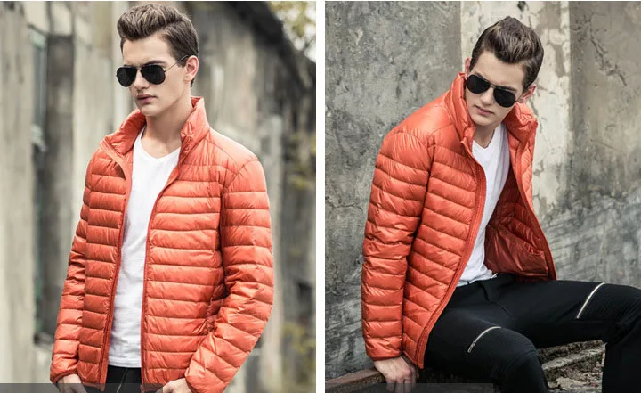 Mens Autumn Jackets Thin Slim Style Gentleman Duck Down Outwear Coats Plus Size 3XL 4XL 5XL Stand Collar Male Short Jackets - Color: Orange