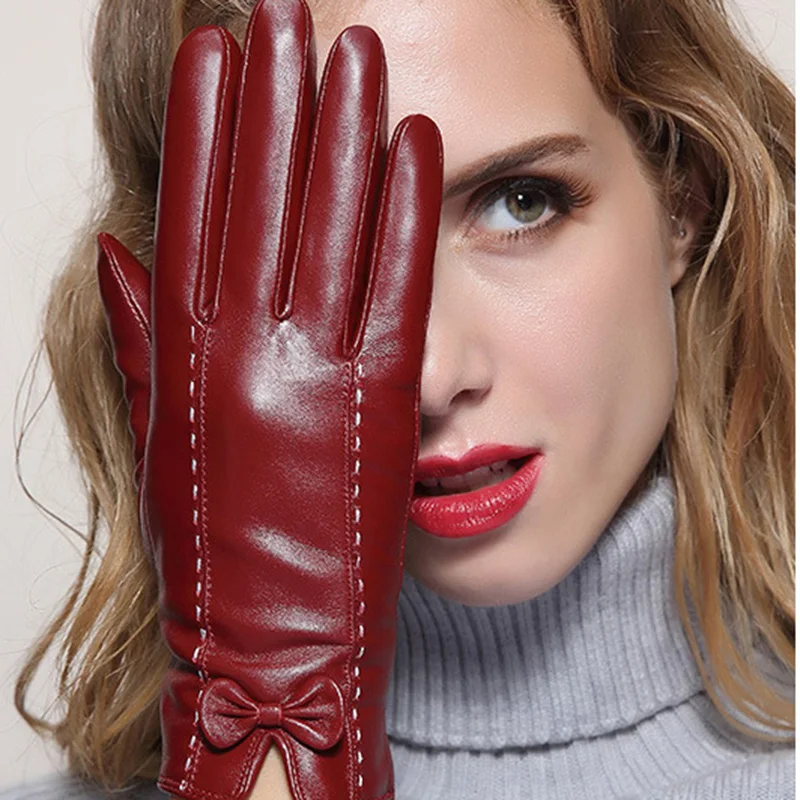 Autumn Winter Women's Genuine Leather Gloves Female Thicken Warm Sheepskin Gloves Fashion Elegant Lady Driving Glove MLZ033