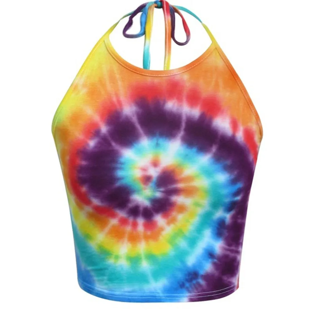 Women Fashion Women Halter Sleeveless Shirt Tie Dye Vest Short Tank Bustier Tops Camisole Bohemian Funny Festa Slim