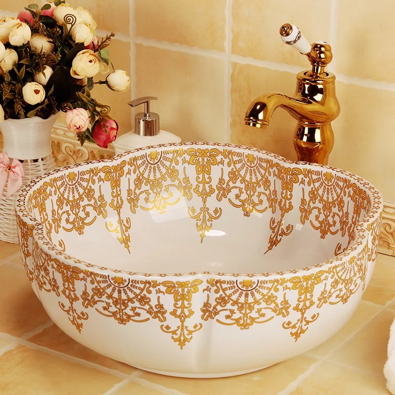 Europe Vintage Style Hand Painting wash basin Art Countertop bathroom hand painted sinks flower shape gold pattern bathroom sink (16)