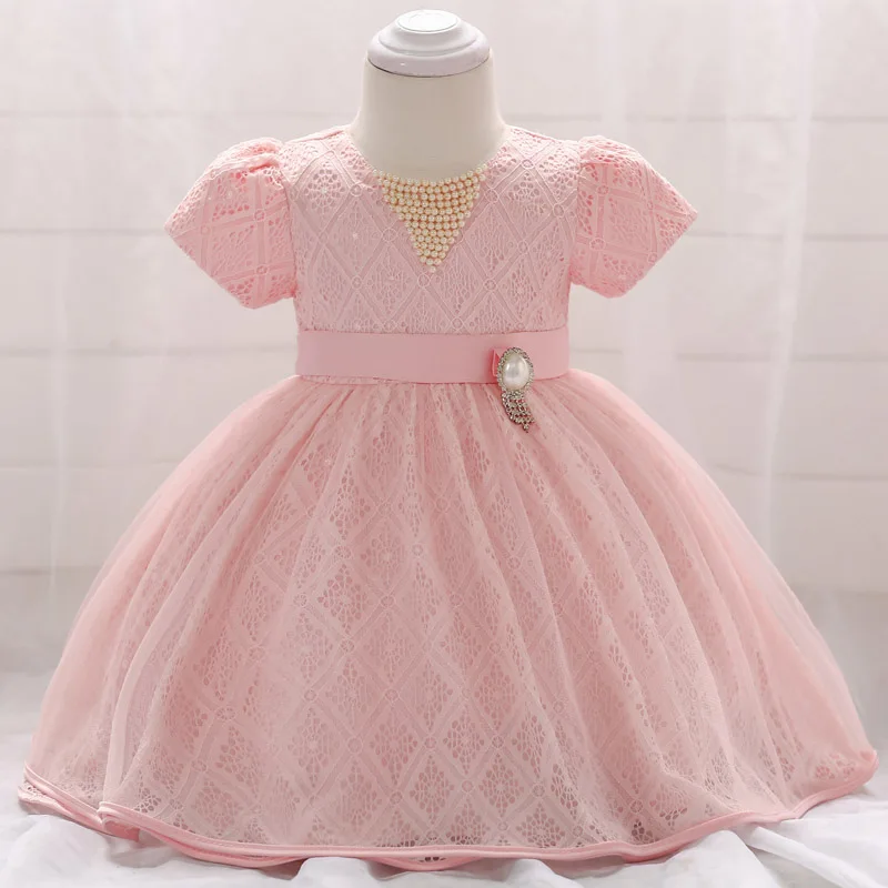 

Retail Elegant Lace Little Baby Girls Communion Baptism Gown Dress Puffy Sleeves Beading Baby Girls Summer Party Dress L1857XZ