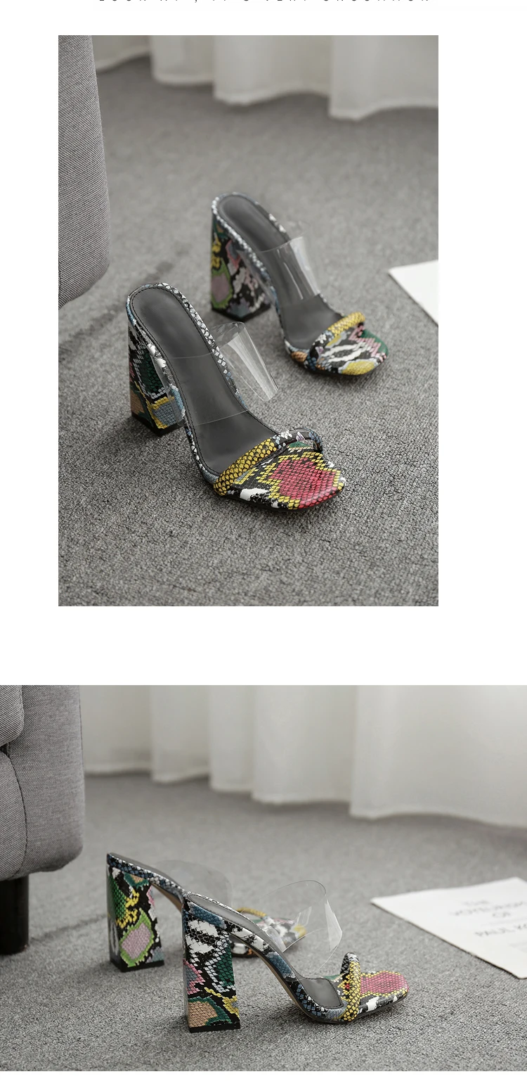 Aneikeh/Новинка года; Модные прозрачные тапочки на высоком каблуке из змеиной кожи; женские туфли-лодочки с открытым носком на толстом каблуке; тапочки; абрикосовый цвет