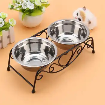 

1Pcs Double Stainless Steel Bowls Dog Cat Pet Food Water Feeder Dish With Retro Iron Stand Pet Food Bowls party favors gifts