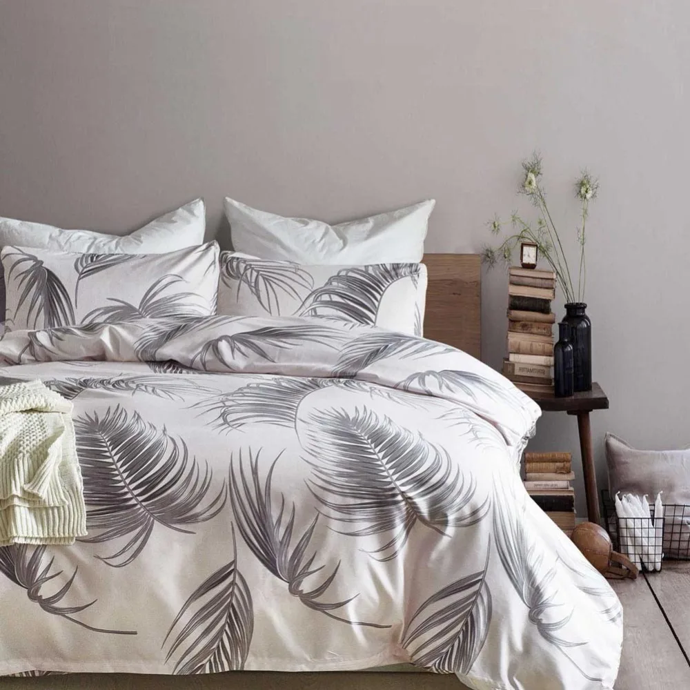 Grey Feather Bedding Set Tropical Palm Leaf Bed Linens Modern