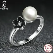 VOROCO 2016 Nuevo Anillo de 925 Anillo de Plata de La Perla con La Flor Negro Joyería Compatible Con VRC P7157