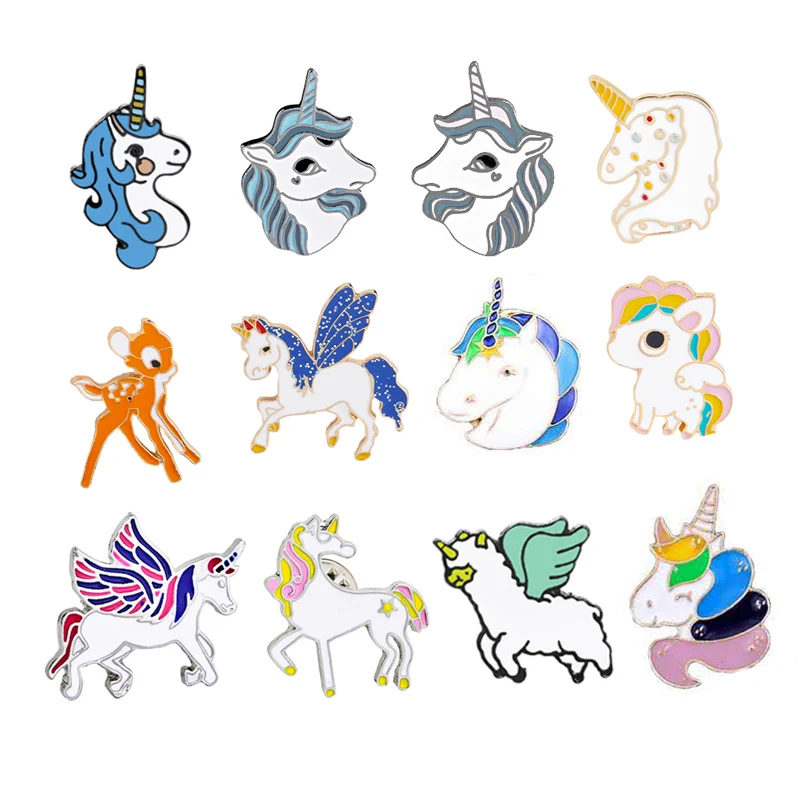 

Wings Horse Sika Deer Unicorn Pegasus Brooch Enamel Pin Buckle Shirt Laprl Pins Badge Cartoon Animal Brooches for Women Men Kids