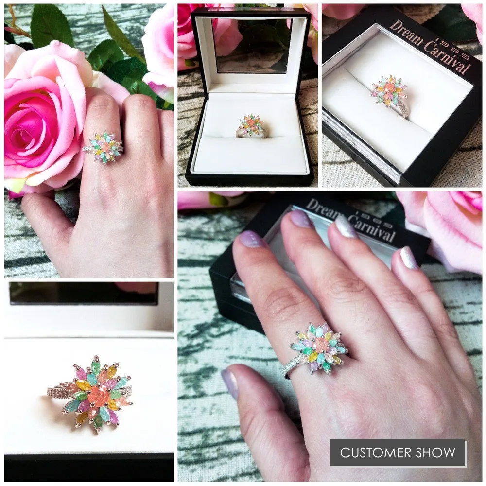 DreamCarnival 1989 Spring Flower Design Colorful Glitter Zircon Pale Purple Green Blue Color Cute Look Women Ring Anillo SJ29081