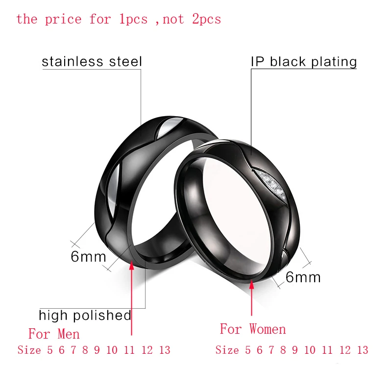 Vnox Черный обручальное кольцо для любовника пару кольца CZ 316L Нержавеющая сталь Обручение ювелирные изделия
