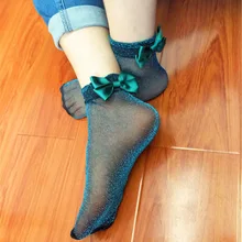 Модные женские сетчатые носки с бантом, блестящие светящиеся шелковые носки, белые длинные женские тонкие носки, ажурные забавные блестящие носки Harajuku