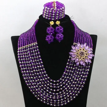 

Stylish Mix Purple&Silver Nigerian Wedding African Beads Jewelry Set Bridal Crystal Necklace EarringsBracelet Free Ship WA610
