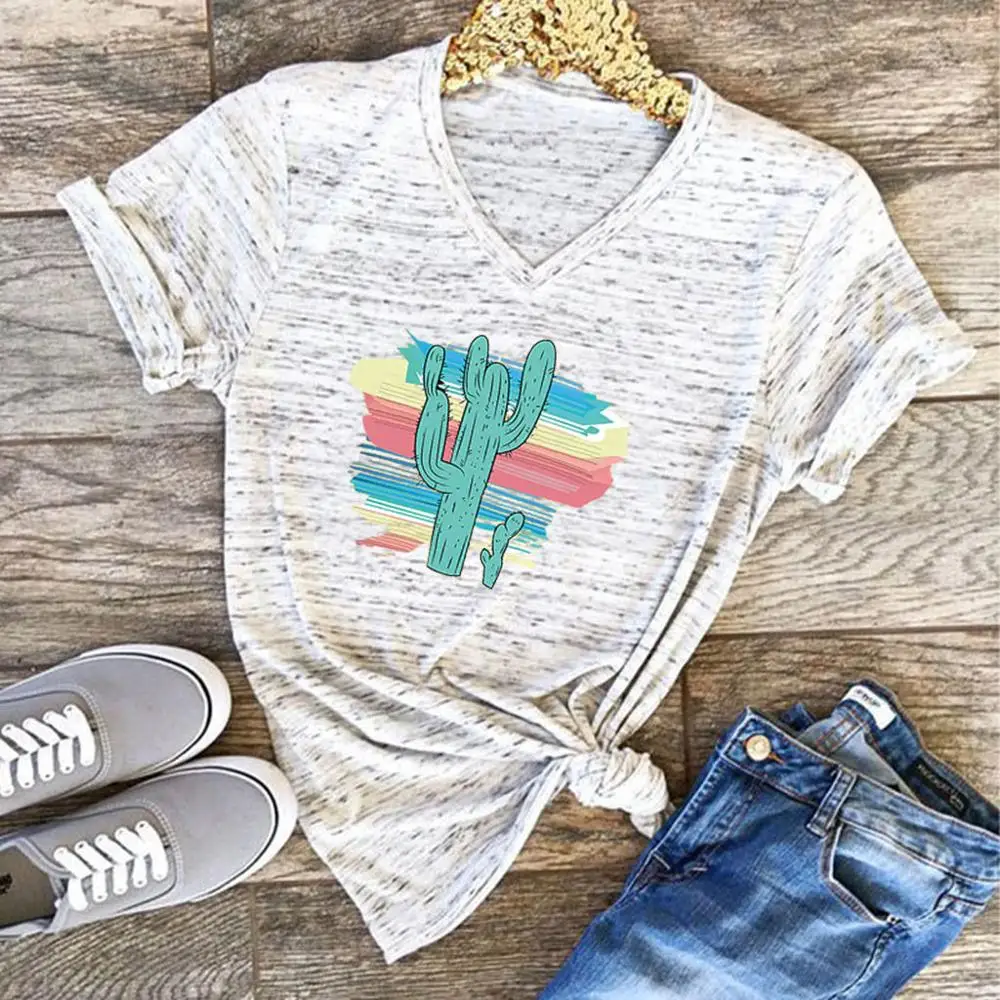 

T shirt 2019 Women's Short Sleeve Korean Style Clothes Women Cactus Print Slim Fit Shirt Streetwear Poleras Mujer Dropshipping c