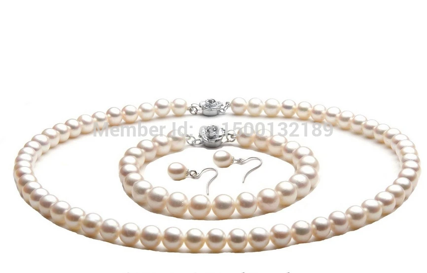 

j0035 17" NATURAL WHITE CULTURED FRESHWATER PEARL NECKLACE BRACELET EARRING SET SILVER